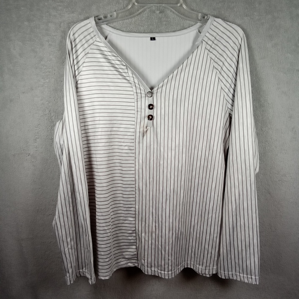 Womens Grey Mixed Stripe Long Sleeve Henley V-Neck Button Top Large